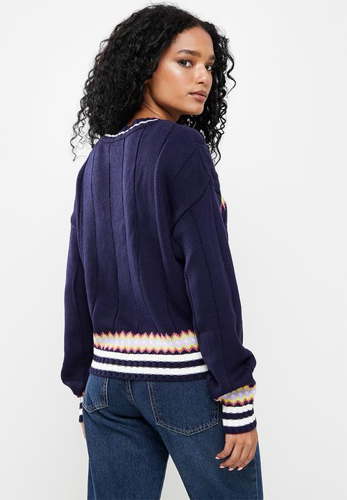 Trendyol - Jacquard v neck knit sweater - navy