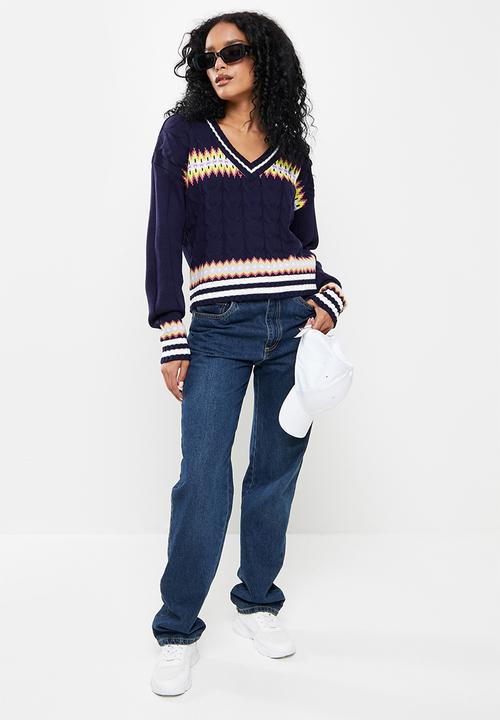 Trendyol - Jacquard v neck knit sweater - navy