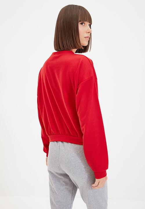 Trendyol - Embroidered basic thin sweatshirt - red