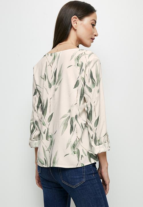 edit - Notch neck roll sleeve blouse - watercolour leaves