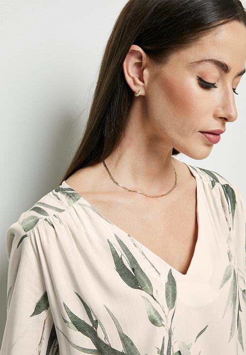 edit - Notch neck roll sleeve blouse - watercolour leaves