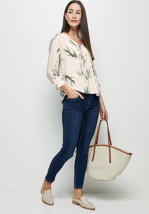 edit - Notch neck roll sleeve blouse - watercolour leaves