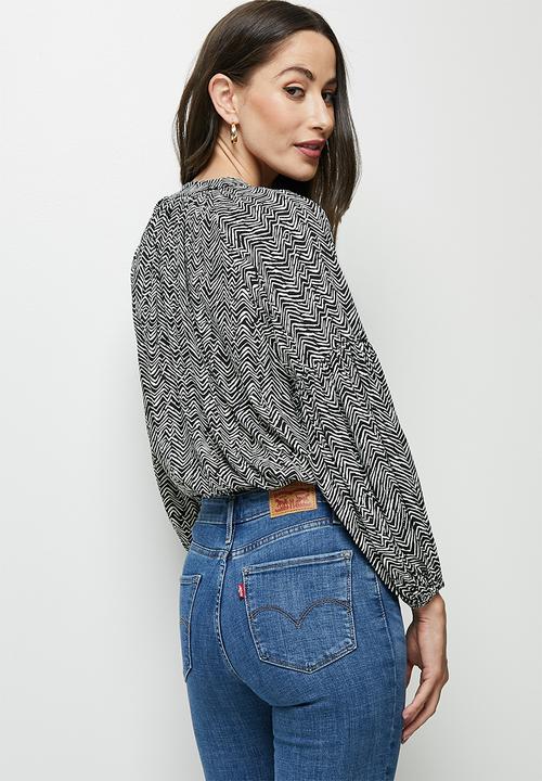 edit - Drop shoulder mandarin shirt - black chevron