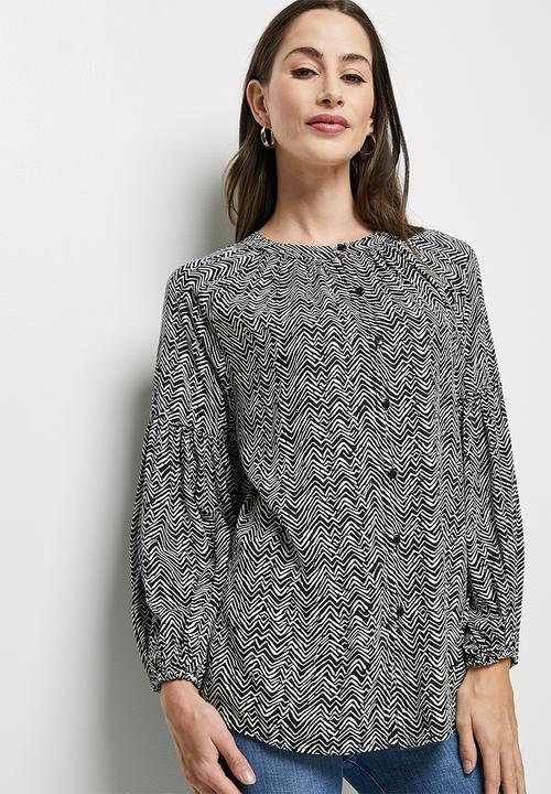 edit - Drop shoulder mandarin shirt - black chevron