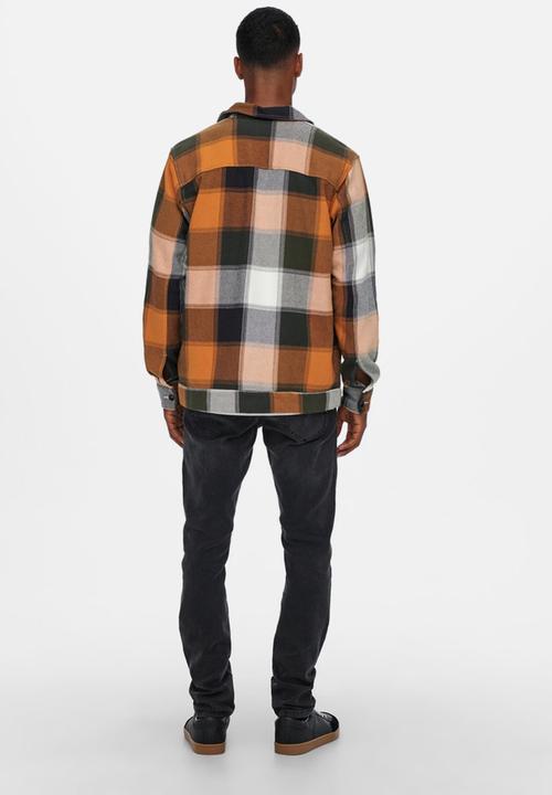 Only & Sons - Onsmace life long sleeve heavy check sjacket - pumpkin spice