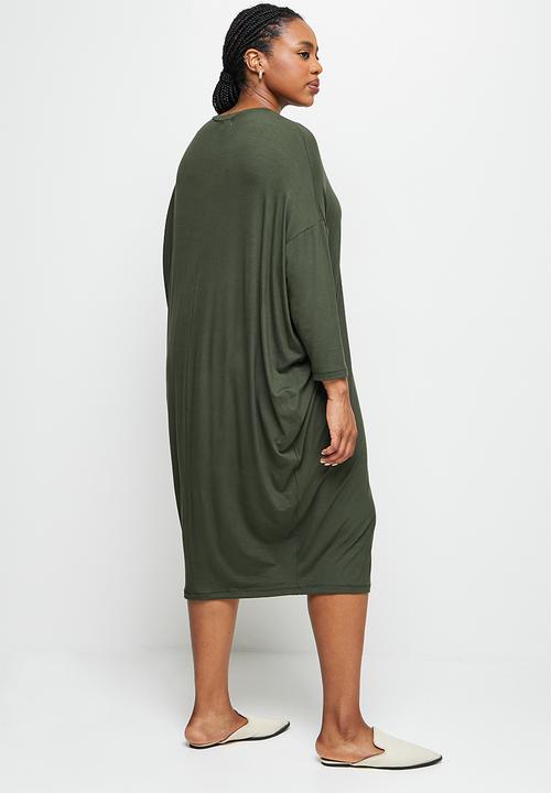 edit Plus - Crew neck knit column midi dress - dark olive