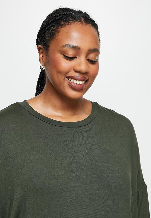 edit Plus - Crew neck knit column midi dress - dark olive