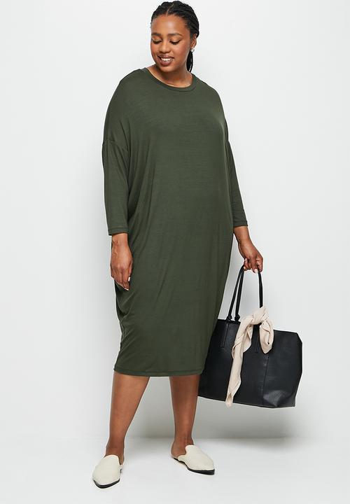 edit Plus - Crew neck knit column midi dress - dark olive