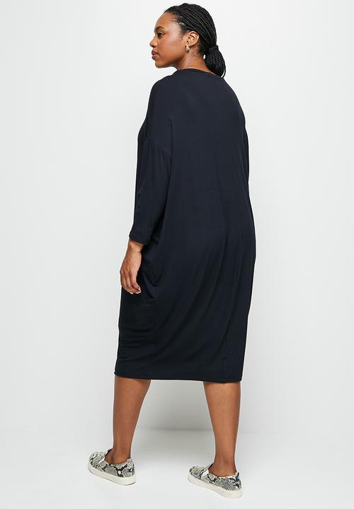 edit Plus - Crew neck knit column midi dress - black