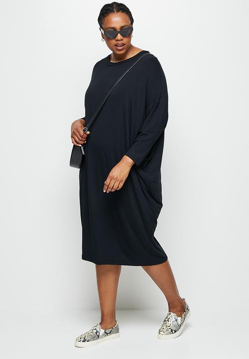 edit Plus - Crew neck knit column midi dress - black