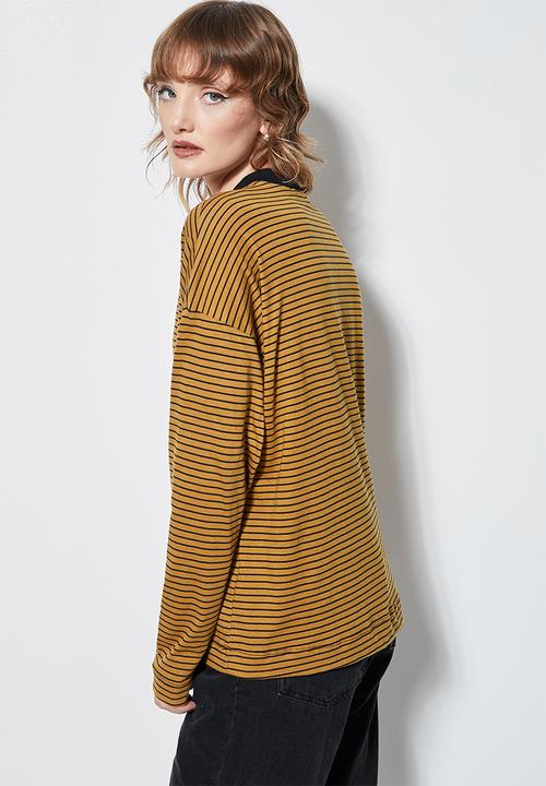 Superbalist - Striped funnel neck tees - tobacco & black stripe
