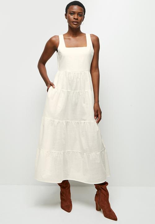 edit - Squareneck cotton tiered maxi - white