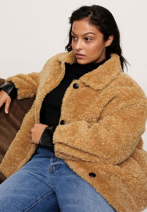 MANGO - Plus coat furry -medium brown