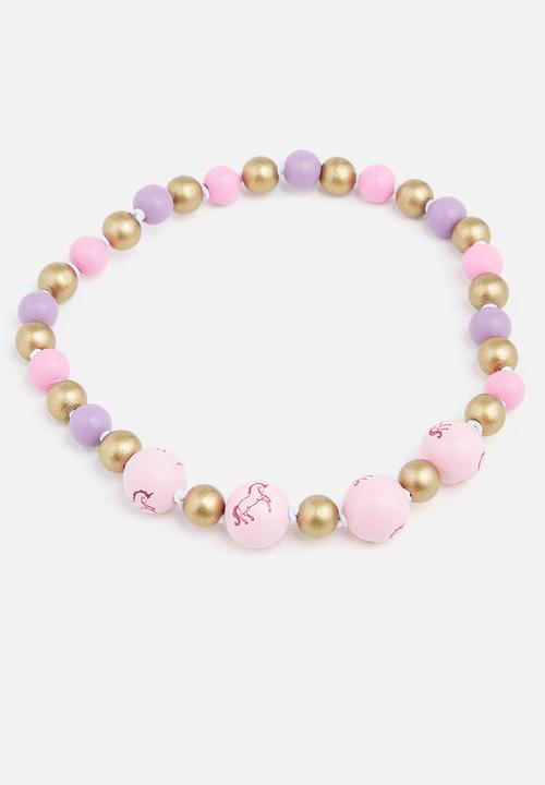 Cotton On - Mixed beaded necklace and bracelet set - purple daydream unicorn