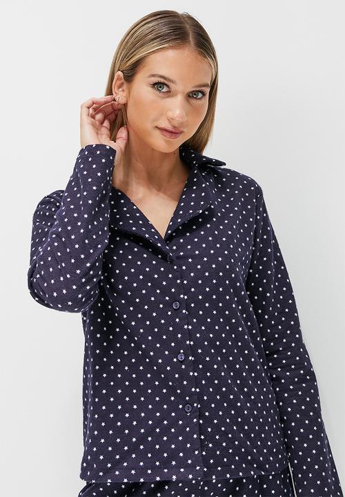 Blake - Flannel ptd long button through sleep set - navy