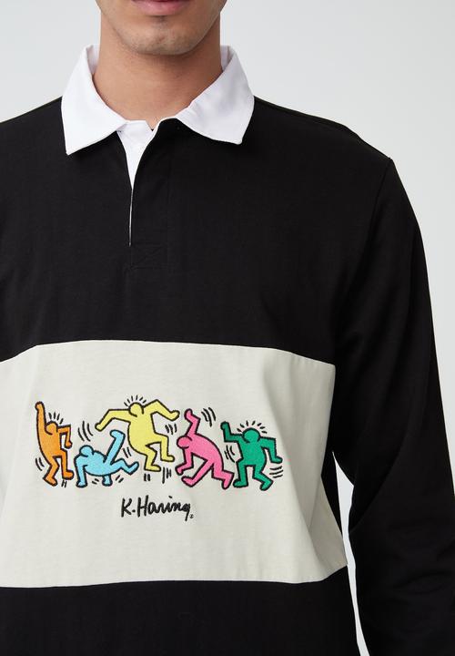 Cotton On - Keith haring rugby polo - black & ivory 