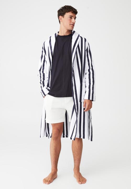 Cotton On - Mens towelling gown - white & true navy stripe