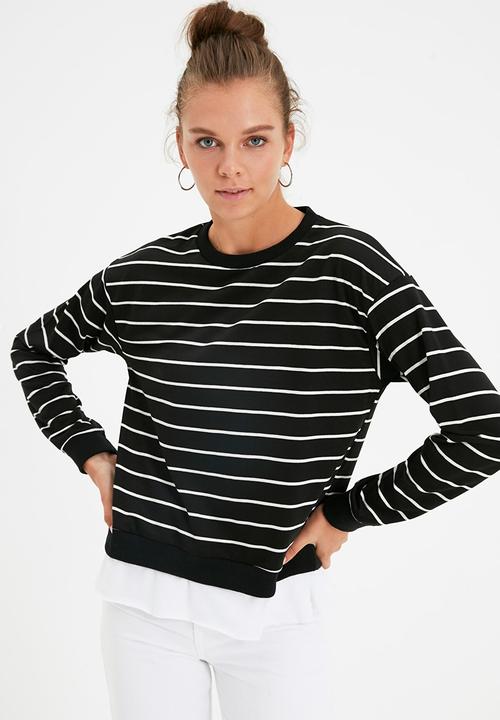 Trendyol - Striped basic knit slim thin sweatshirt - black