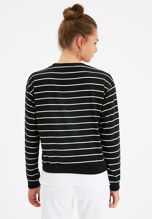 Trendyol - Striped basic knit slim thin sweatshirt - black
