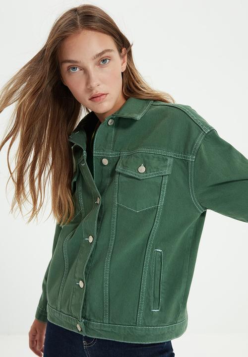 Trendyol - Contrast thread basic denim jacket - khaki