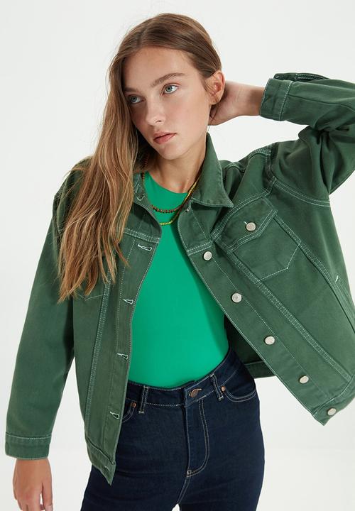 Trendyol - Contrast thread basic denim jacket - khaki