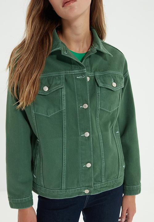 Trendyol - Contrast thread basic denim jacket - khaki