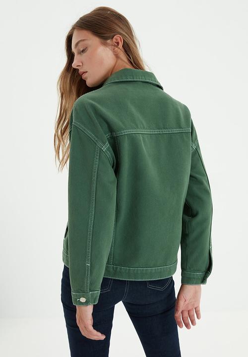 Trendyol - Contrast thread basic denim jacket - khaki