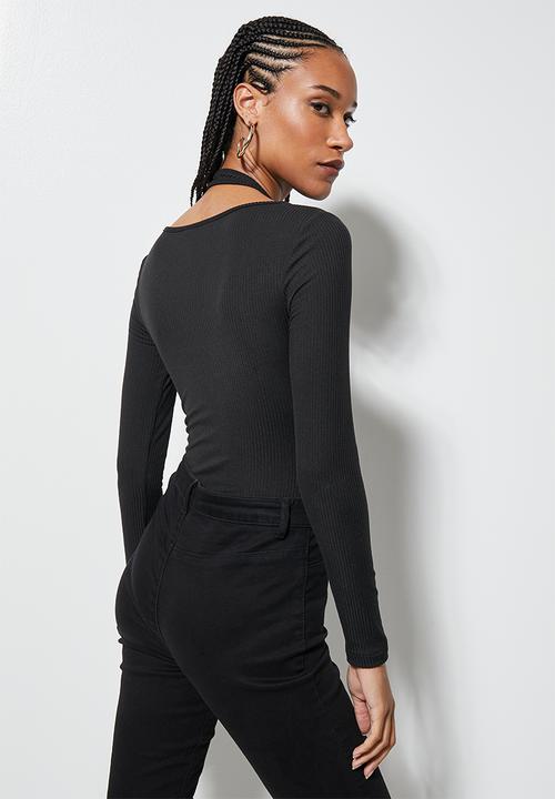 VELVET - Cut out overlay rib bodysuit - black
