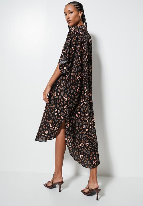 VELVET - Mandarin collar kaftan dress - black animal