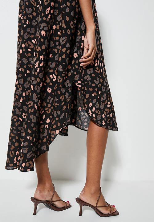 VELVET - Mandarin collar kaftan dress - black animal