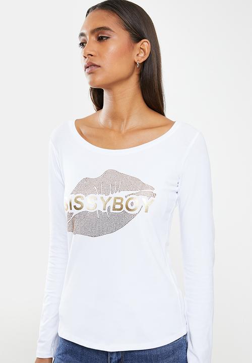 SISSY BOY - Basic long sleeve top with mixed foil print and bling artwork - white
