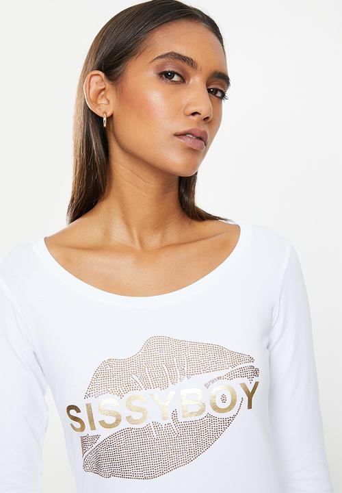 SISSY BOY - Basic long sleeve top with mixed foil print and bling artwork - white