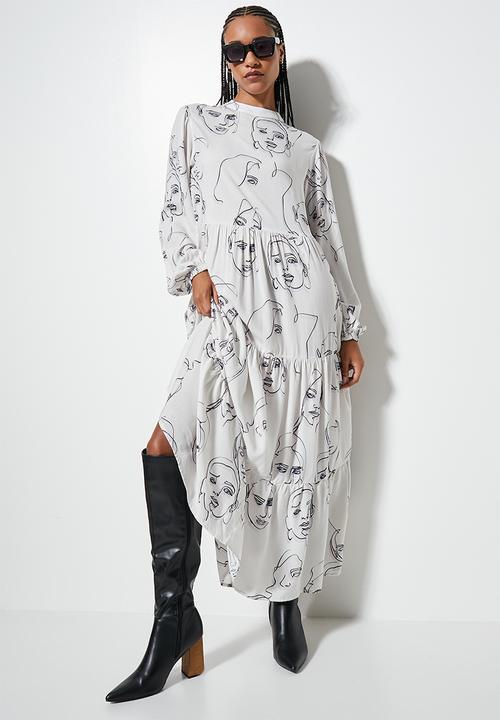 Superbalist - Funnel neck tiered dress - light base face print