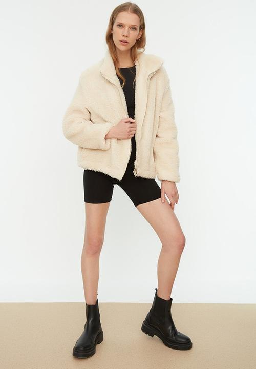 Trendyol - Stand up collar zipper closure coat - ecru