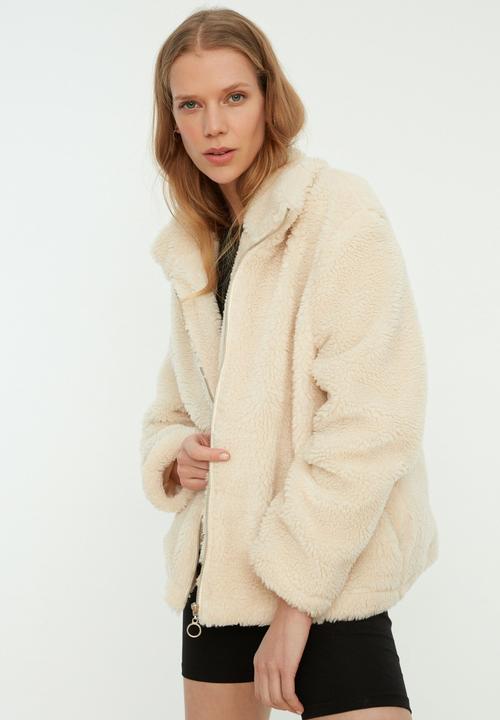 Trendyol - Stand up collar zipper closure coat - ecru