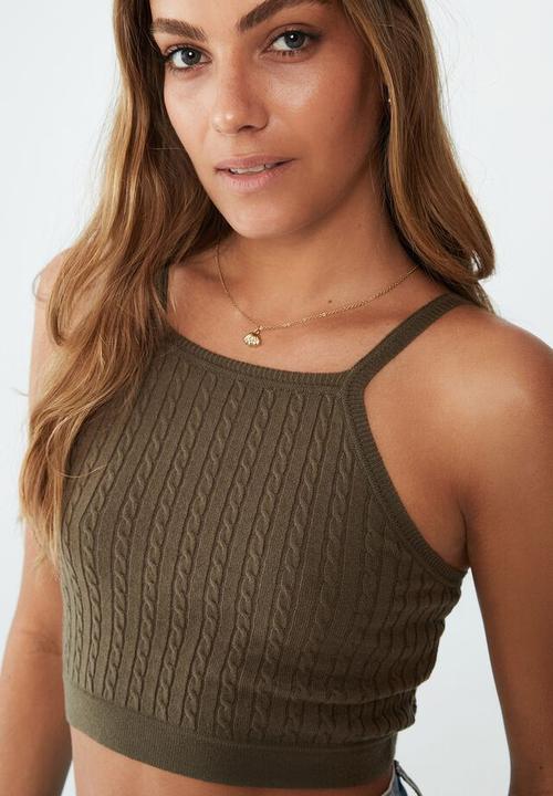 Cotton On - Easy crop micro cable cami - dusty olive