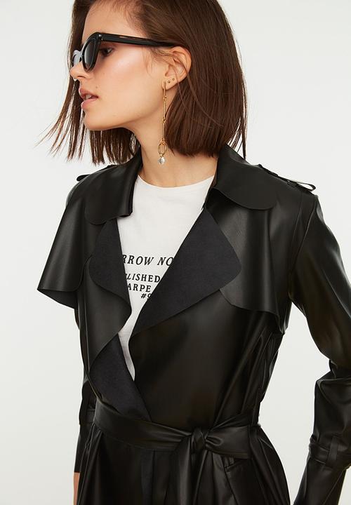 Trendyol - Belted faux leather trench coat - black