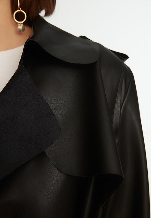 Trendyol - Belted faux leather trench coat - black