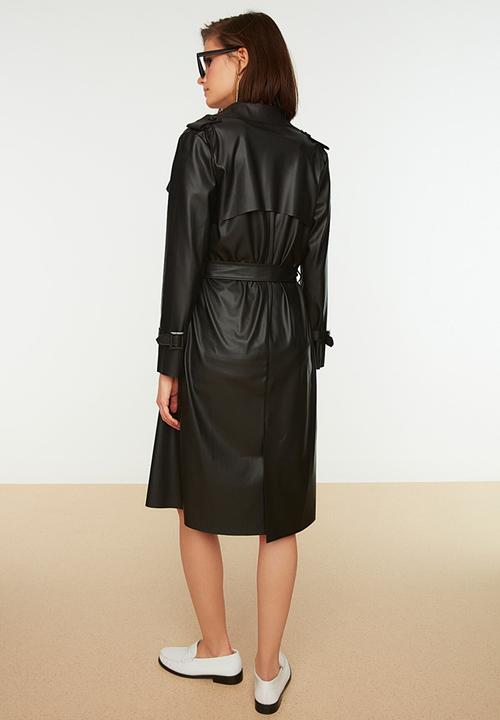 Trendyol - Belted faux leather trench coat - black