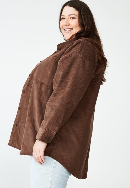 Cotton On - Curve the lightweight cord shacket - leaf brown