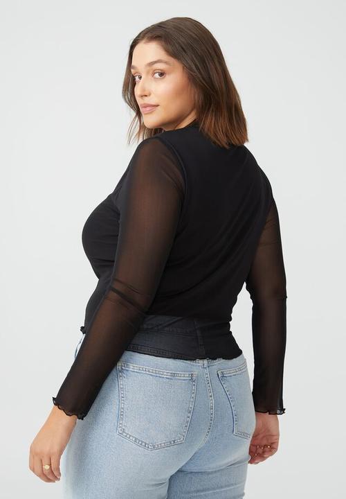 Cotton On - Curve addison mesh mock neck long sleeve top - black