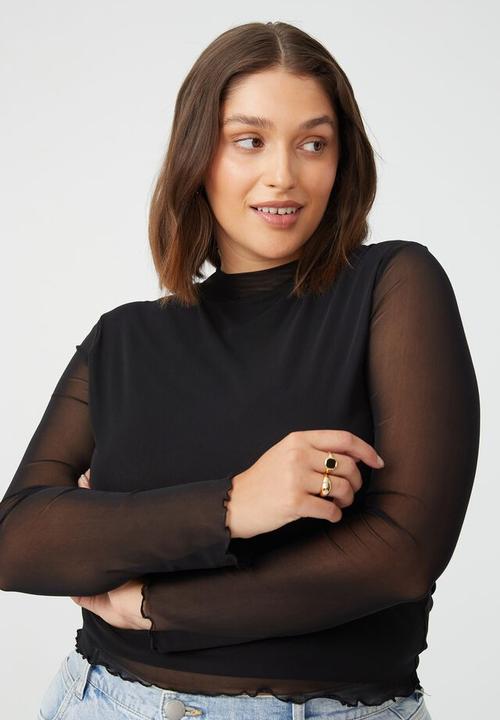 Cotton On - Curve addison mesh mock neck long sleeve top - black