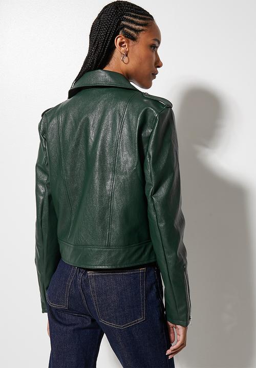 Superbalist - Leather look biker jacket -  bottle green