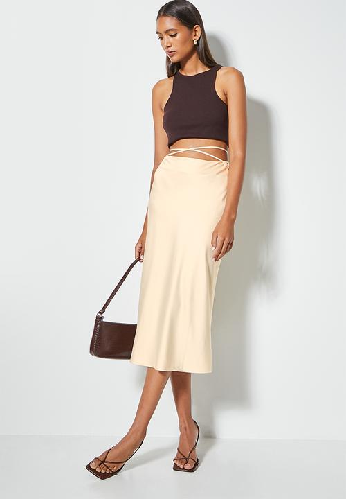 VELVET - Satin slip skirt with tie flossing detail - neutral