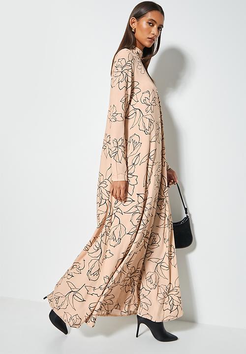 VELVET - Large scale floral trapeze maxi dress - sand & black floral