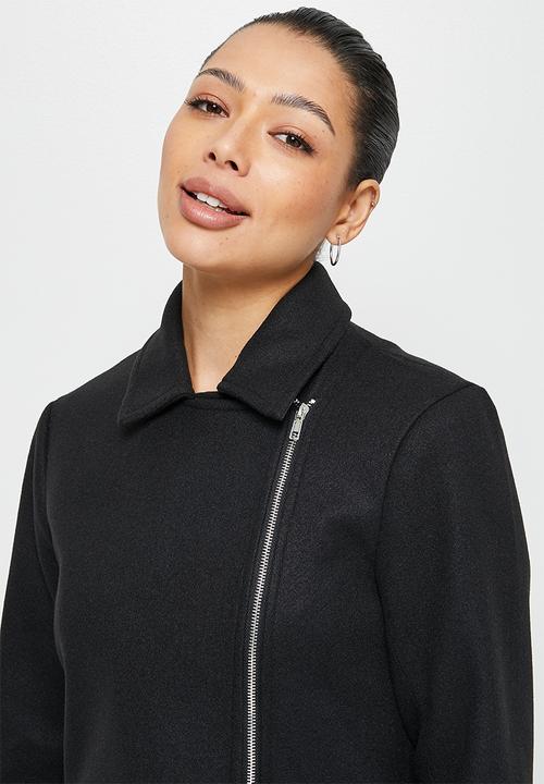 edit - Long melton biker coat - black