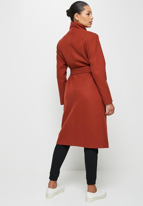 edit - High neck belted melton coats - dark tobacco