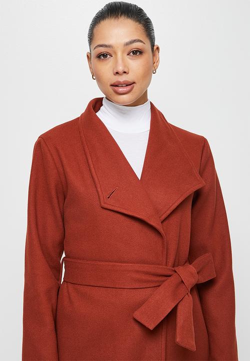 edit - High neck belted melton coats - dark tobacco