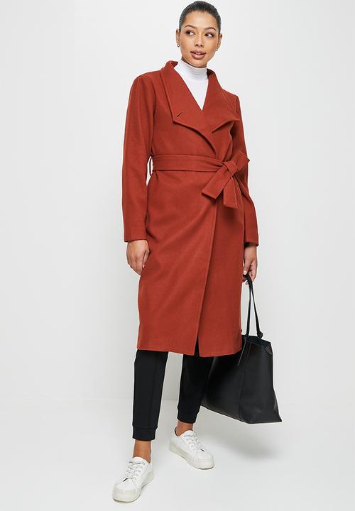 edit - High neck belted melton coats - dark tobacco