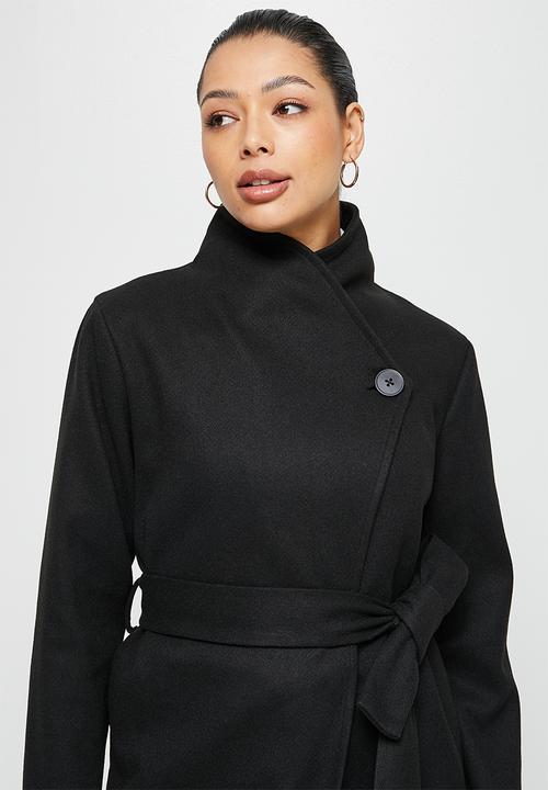 edit - High neck belted melton coats - black